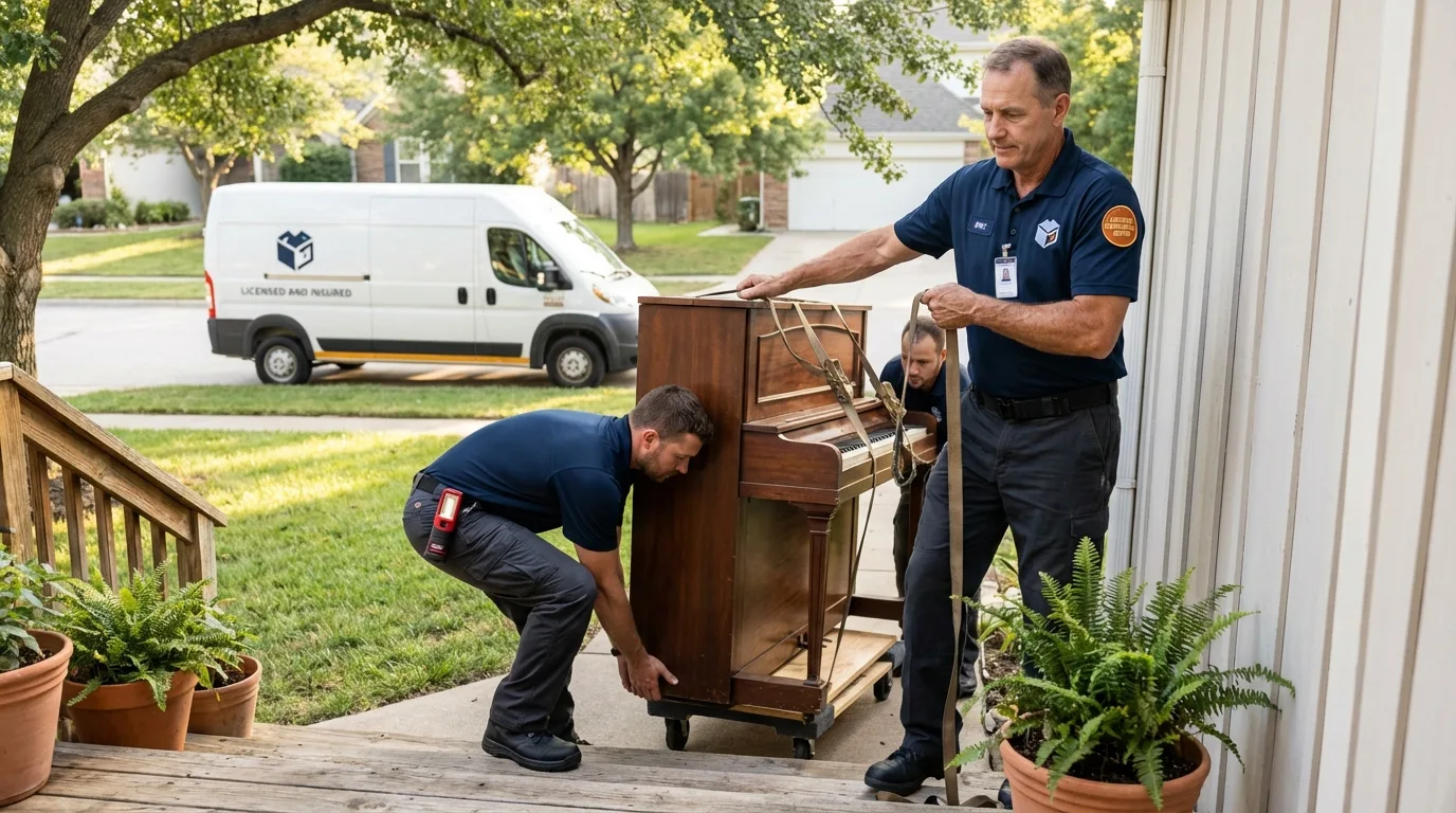 Licensed piano movers securing grand piano in Alliance, OH
