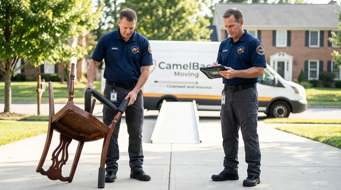 Movers inspecting furniture for damage prevention before loading in Alliance, OH