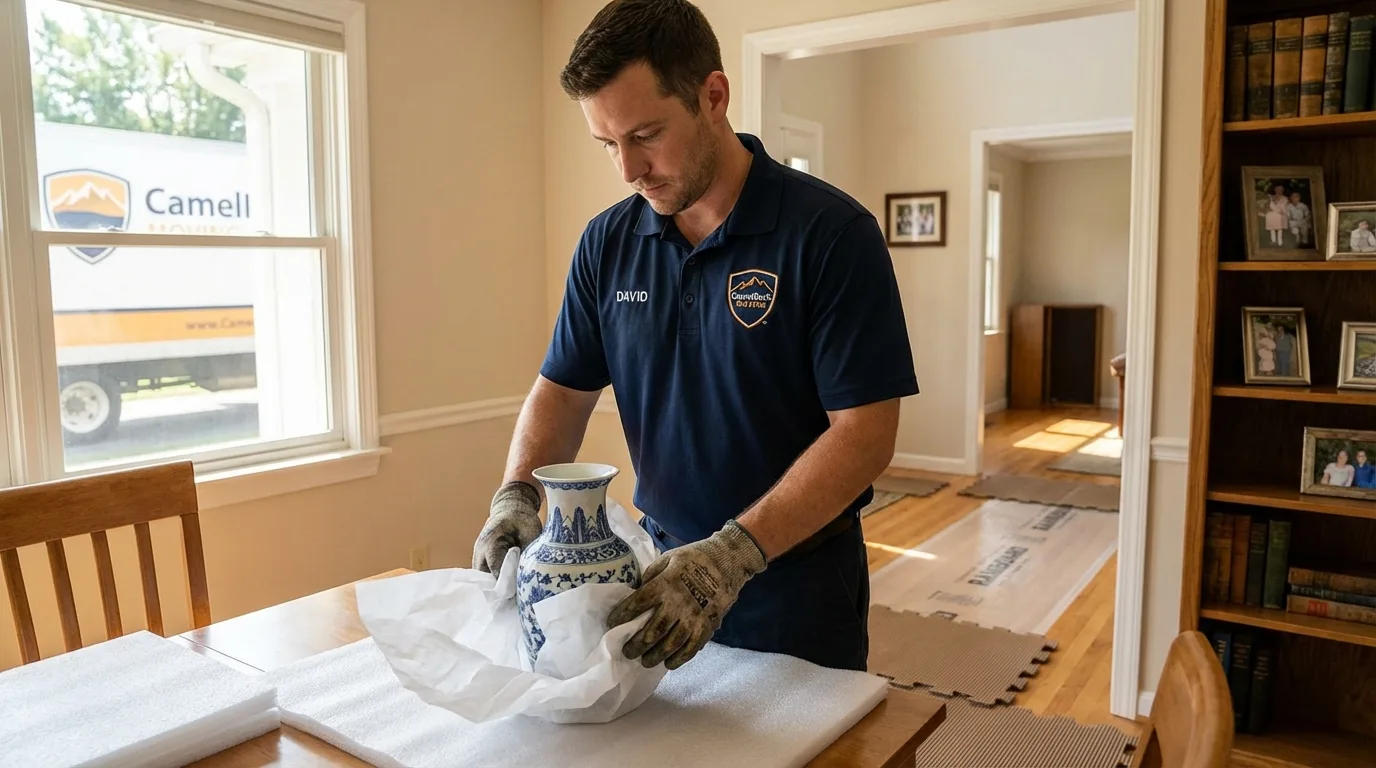 Professional crew carefully wrapping antique vase for senior downsizing move in Alliance, OH